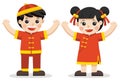 Chinese boy and girl waving their hands.