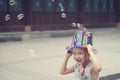 Chinese boy playing soapbubbles