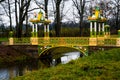 Chinese bridge over small stream. Autumn.Russia,the town of Pushkin, Tsarskoe Selo. Alexander park.