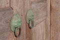 Chinese bronze dragon knocker on wooden doors 17 Dec 2005