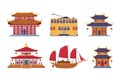 Chinese Building and Transport with Pagoda, Boat and Tram Vector Illustration Set