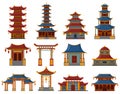 Chinese buildings. Architectural asian temples, palaces and pagoda houses, china cultural objects vector illustration Royalty Free Stock Photo