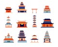 Chinese buildings. China town, temple culture symbol design. Asia architecture, ancient pagoda, flat japanese or korean