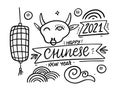 Chinese Bull symbol New Year doodle elements set. Black and white colors vector illustration. Royalty Free Stock Photo