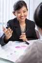 Chinese businesswoman talking to her client