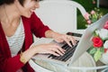 Chinese Businesswoman Working On Tablet Computer Outside Office. Royalty Free Stock Photo