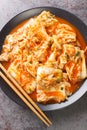 Chinese cabbage kimchi close-up in a dish on a dark background. Vertical top view Royalty Free Stock Photo