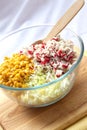 Chinese cabbage, sweet corn and surimi in a glass bowl Royalty Free Stock Photo