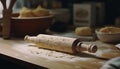 Chinese calligraphy on antique bowl, preparing homemade meal generated by AI