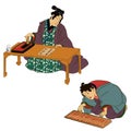 Chinese calligraphy lesson with teacher and pupil vector illustration. Study of chinese language and culture. Old China Royalty Free Stock Photo