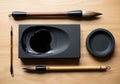 Chinese calligraphy tools displayed on a wooden surface. Items Royalty Free Stock Photo