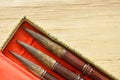 Chinese calligraphy variety size in box on table Royalty Free Stock Photo