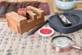 Chinese calligraphy works, seal carving works and other related items Royalty Free Stock Photo