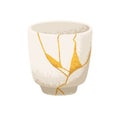 Chinese ceramic pot repaired with Kintsugi technique. Asian pottery art. Broken cup reborn, decorated with gold line Royalty Free Stock Photo