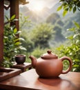 chinese ceramic tea pot on a table in the garden Royalty Free Stock Photo