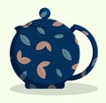 Chinese ceramic teapot with floral ornament for tea drinking. Kitchenware, breakfast utensils. Vector in flat style