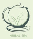 Chinese ceramic teapot icon for tea drinking with young leaves inside. Kitchenware, breakfast utensils. Green color vector