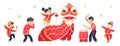 Chinese characters. Asian festive New Year cute boys and girls. Isolated red dragon, carnival event vector illustration Royalty Free Stock Photo
