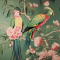 Chinese chinoiserie, realistic Limosa birds with peonies garden mural painting in bright color Royalty Free Stock Photo