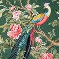 Chinese chinoiserie, realistic Limosa birds with peonies garden mural painting in bright color Royalty Free Stock Photo