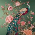 Chinese chinoiserie, realistic Limosa birds with peonies garden mural painting in bright color Royalty Free Stock Photo