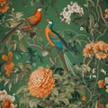 Chinese chinoiserie, realistic Limosa birds with peonies garden mural painting in bright color Royalty Free Stock Photo