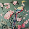 Chinese chinoiserie, realistic Limosa birds with peonies garden mural painting in bright color Royalty Free Stock Photo