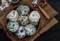 Chinese chives Dumplings Mixed Color or Garlic Chives Dim Sum Rice Cake inside with Taro Slice ,Bamboo shoot and Many kind of Royalty Free Stock Photo