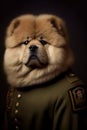Chinese Chow Chow dog wearing military army uniform, service dog, creative headshot portrait. Generative AI