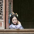 Chinese classic woman in Hanfu dress enjoy free time