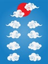 Chinese cloud set vector isolated and example clouds with sun on blue sky background. Vector illustrator.