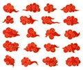 Chinese clouds. Korean or japanese red and golden cloud decorative set. Traditional asian vector isolated graphics in