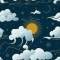 Chinese clouds pattern. Seamless print with traditional oriental art. Sky precipitation. Blowing wind. Sun and crescent Royalty Free Stock Photo