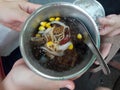 Chinese cold dessert with jelly grass and red bean and dried longan and sticky flour and noodle, corn, Coconut jelly, Ginkgo, Lotu