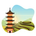 Chinese colorful pagoda on rice terrace fields background. Travel to China isolated vector flat cartoon illustration