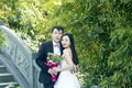 A Chinese couple`s wedding photo who stand on a stone ancient bridge in shui bo park in Shanghai Royalty Free Stock Photo