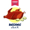 Chinese cuisine beijing duck banner concept. China national dish roasted peking spicy meat. Asian food vector drawing