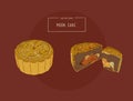 Chinese Cuisine, Moon Cake sketch vector. Royalty Free Stock Photo