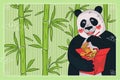 Chinese cuisine noodle box banner concept. China panda eat with chopsticks national meal wok in red cardboard package in Royalty Free Stock Photo