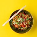 Chinese cuisine, noodles with meat Chicken stir fry with vegetables soy sauce and sesame in the wok. Traditional chinese Royalty Free Stock Photo