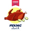 Chinese cuisine peking duck banner concept. China national dish roasted beijing spicy meat. Asian food vector hand drawn