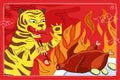 Chinese cuisine peking duck banner concept. China national fire tiger eating with chopsticks roasted beijing spicy