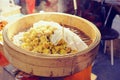 Chinese cuisine Shumai, hot and steamy dim sim or steamed Chinese dumplings were set in steamer basket. Pork Dumpling Royalty Free Stock Photo