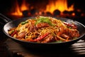 chinese cuisine. Stir-fried noodles with pork and vegetables in wok, Experience a flaming spice sensation with sizzling stir-fried