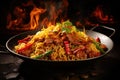 chinese cuisine, stir-fried spicy chicken with noodles on plate, Experience a flaming spice sensation with sizzling stir-fried