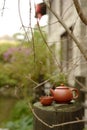 Outdoor view of Chinese dark red teaset