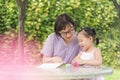 Chinese daughter reading aloud following mom