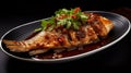 Chinese delicacy, grilled croaker, grilled croaker, grilled, on a white plate with a dark background.Generative AI