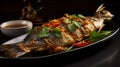 Chinese delicacy, grilled croaker, grilled croaker, grilled, on a white plate with a dark background.Generative AI