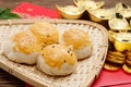 Chinese dessert with red envelope and gold ingots ,chinese new y Royalty Free Stock Photo